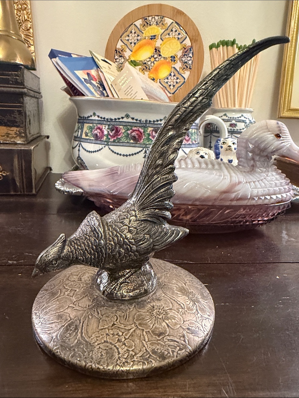 Decorative Silver-Tone Pheasant Figurine
